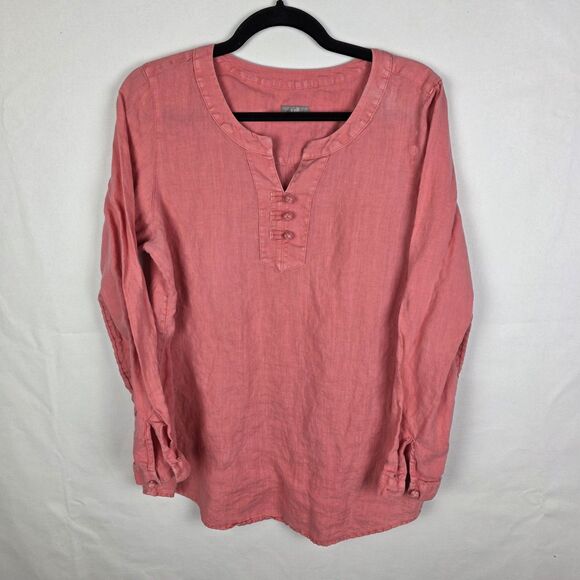 J Jill Women’s Size Medium Tunic Length Linen Blouse Coral Coastal V-neck - Picture 1 of 6